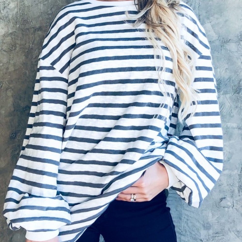 stripped balloon sleeves shirt